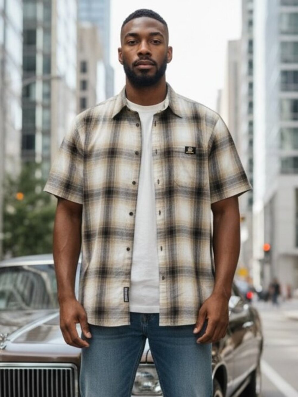 Low Rider Veterano Mens Shirt size Large brown‎ Plaid Button front short Sleeve